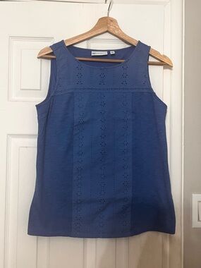 Rafaella Womens Blue Eyelet Embroidered Sleeveless Tank Top Crochet Trim Small